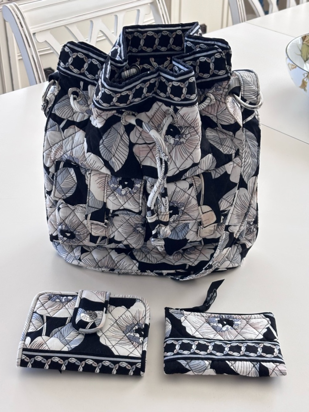 Vera Bradley Floral Drawstring Bucket Bag with Matching Wallets Black & Cream